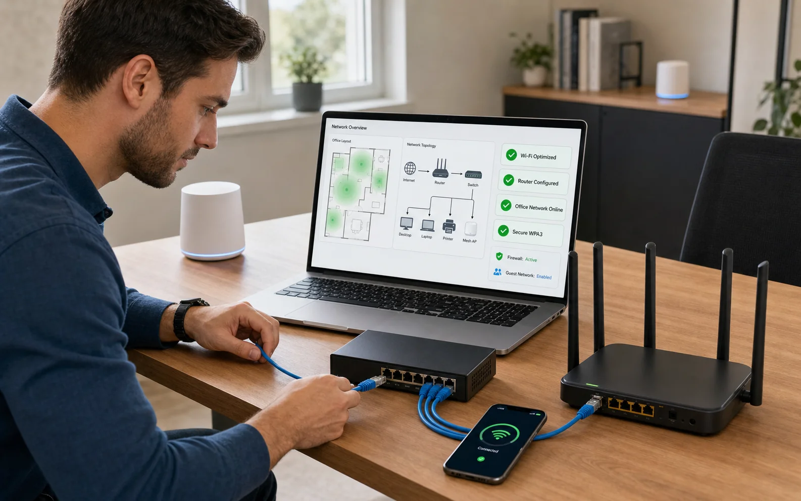 Secure wired and wireless network equipment in a small office