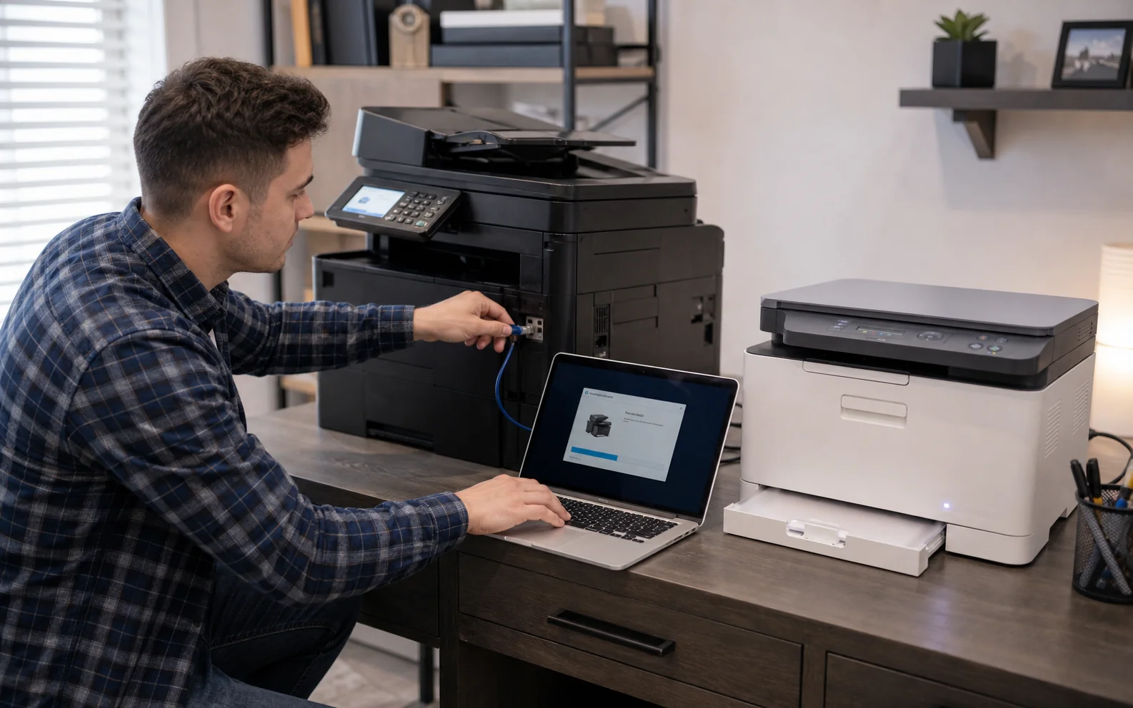 Network printer and scanner being configured in a small office