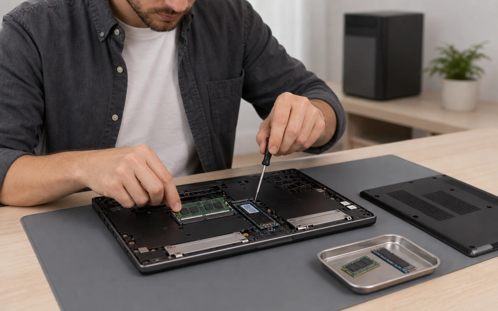 RAM modules and solid state drives prepared for a computer upgrade