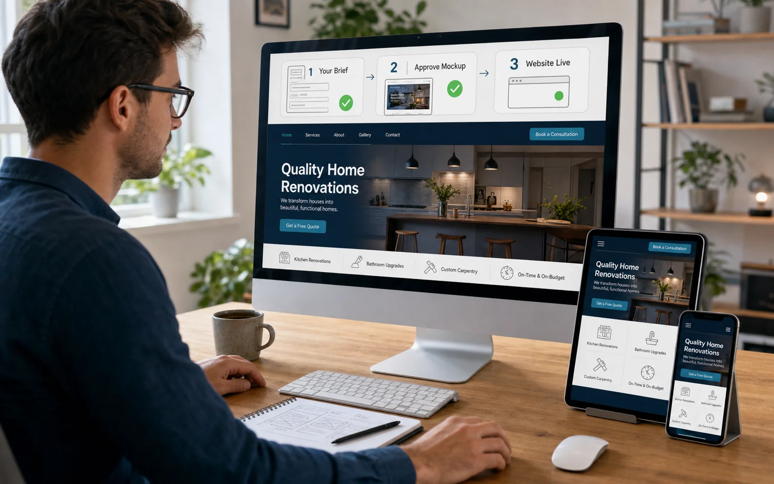 Designer building and reviewing a responsive business website on desktop tablet and phone
